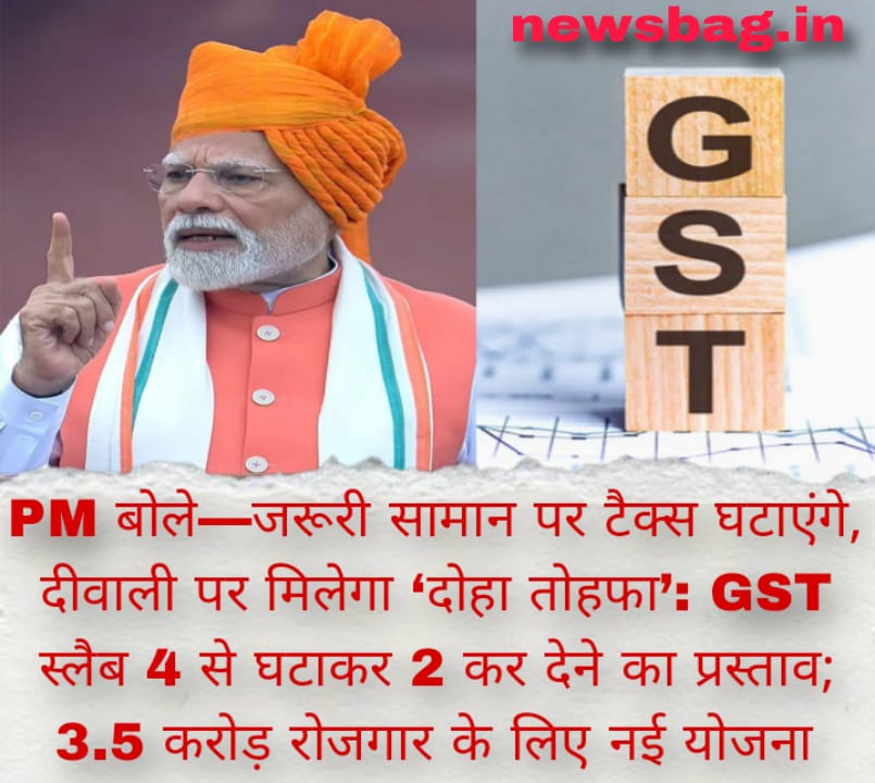 PM बोले—जरूरी सामान पर टैक्स घटाएंगे, दीवाली पर मिलेगा ‘दोहा तोहफा’: GST स्लैब 4 से घटाकर 2 कर देने का प्रस्ताव; 3.5 करोड़ रोजगार के लिए नई योजना